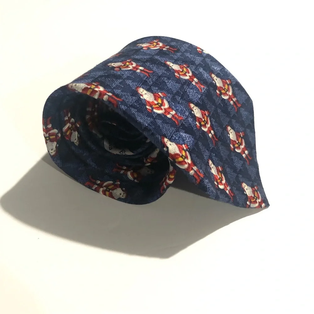 Ermenegildo Zegna Holiday Blue Silk Neck Tie Santa Claus Christmas Trees Luxury